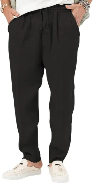 Mens Casual Linen Pants Lightweight Elastic Waist Drawstring Trousers Summer Beach Yoga Pants