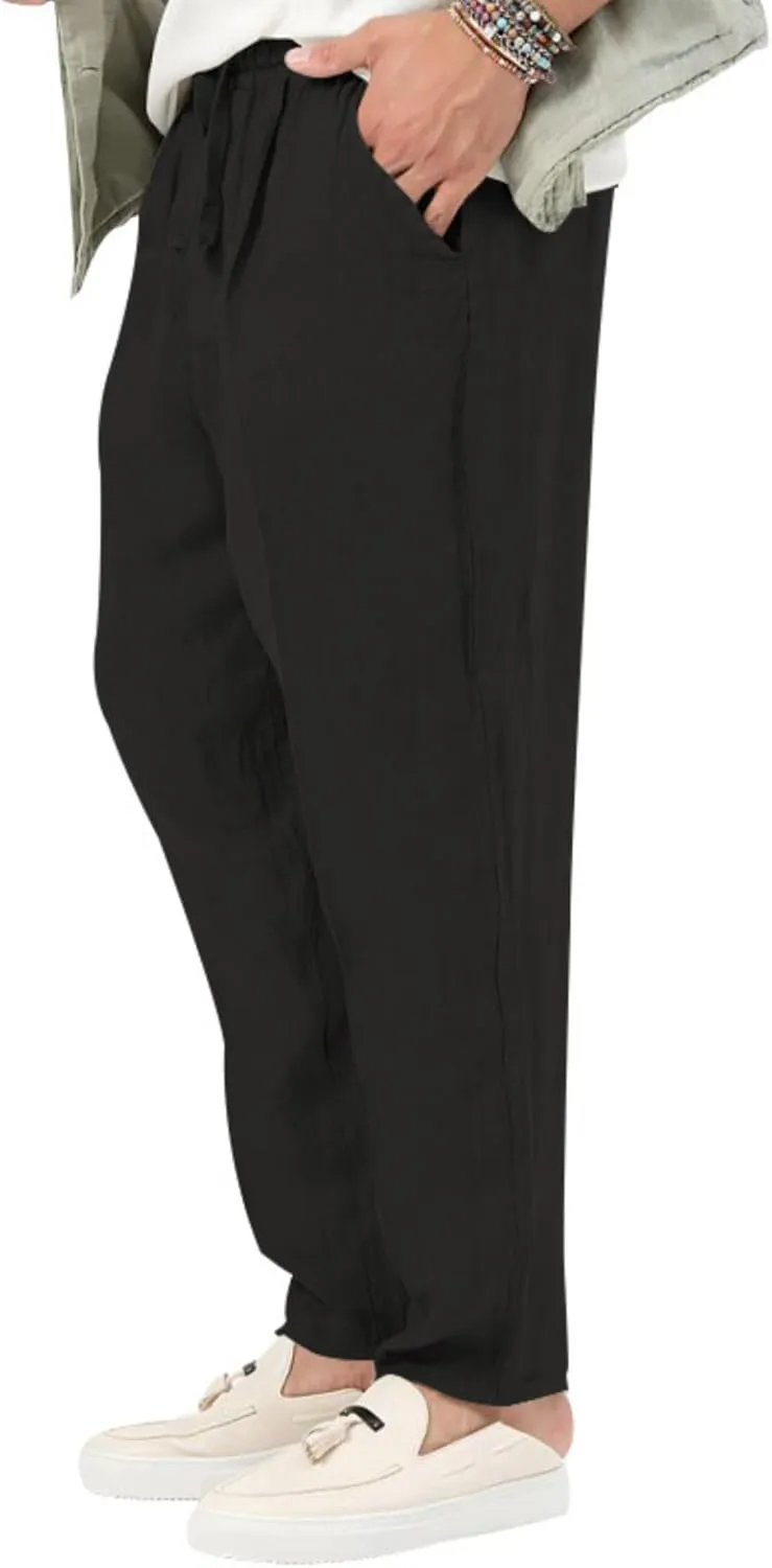 Mens Casual Linen Pants Lightweight Elastic Waist Drawstring Trousers Summer Beach Yoga Pants