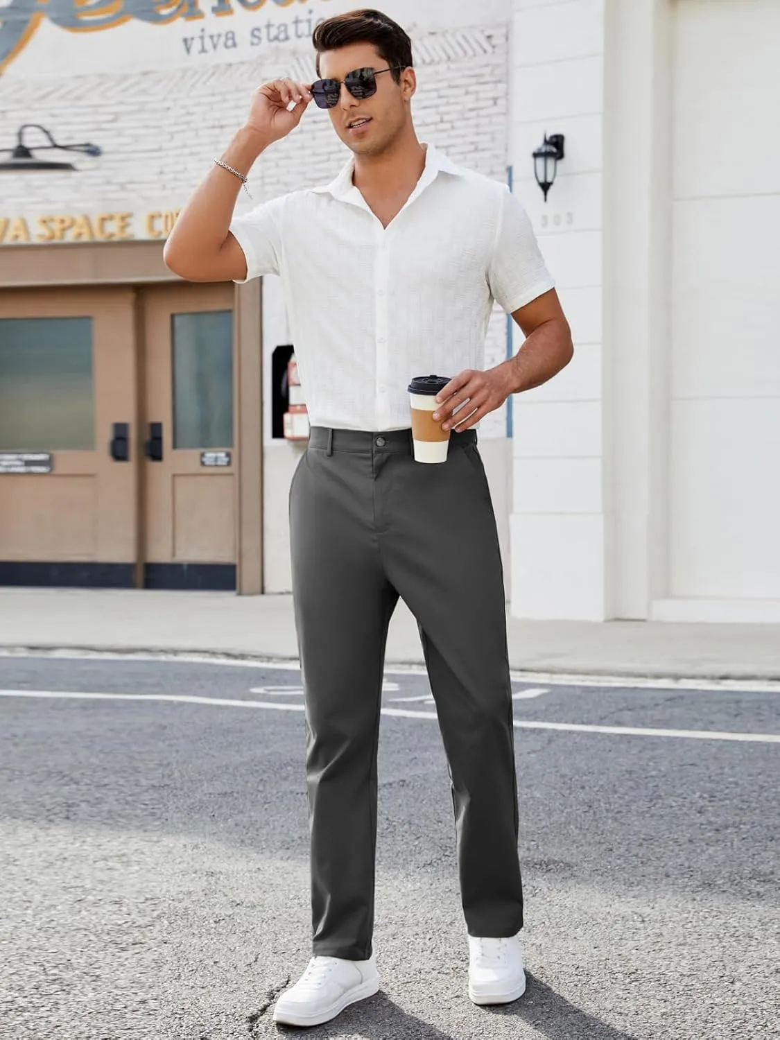 Mens Casual Pants Elastic Waist Drawstring Chinos Pants Tapered Twill Trousers with Pockets