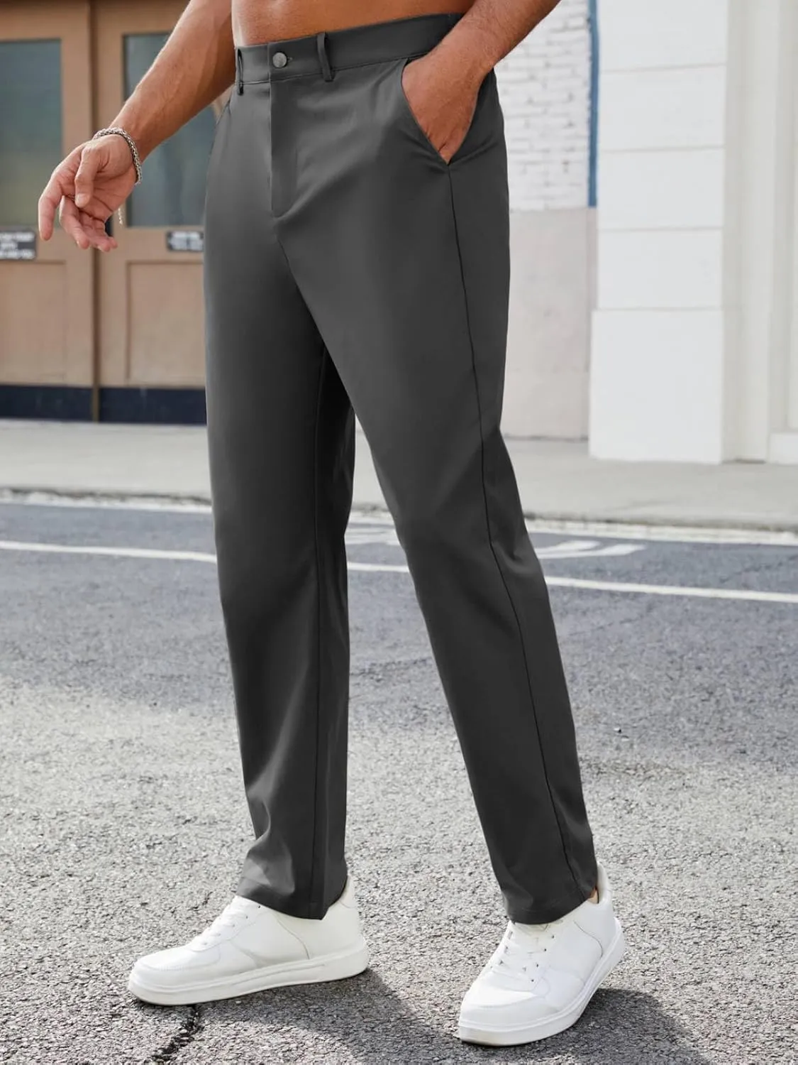 Mens Casual Pants Elastic Waist Drawstring Chinos Pants Tapered Twill Trousers with Pockets