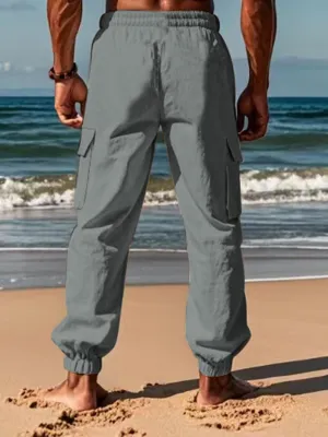 Mens Cotton Cargo Pants Casual Drawstring Pants Stretch Elastic Waist Lightweight Work Pants Multi Pockets