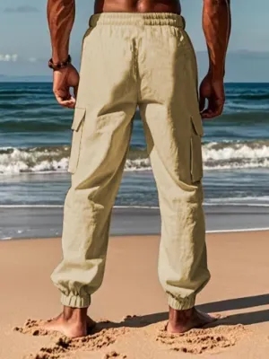 Mens Cotton Cargo Pants Casual Drawstring Pants Stretch Elastic Waist Lightweight Work Pants Multi Pockets