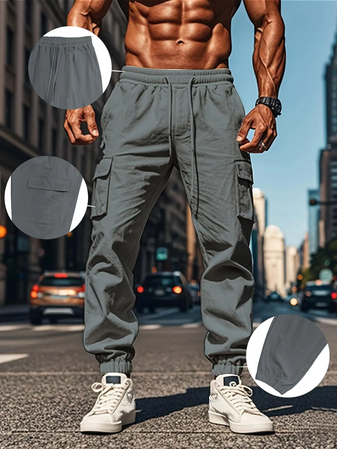 Mens Cotton Cargo Pants Casual Drawstring Pants Stretch Elastic Waist Lightweight Work Pants Multi Pockets