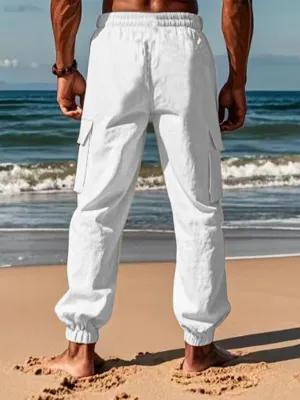 Mens Cotton Cargo Pants Casual Drawstring Pants Stretch Elastic Waist Lightweight Work Pants Multi Pockets