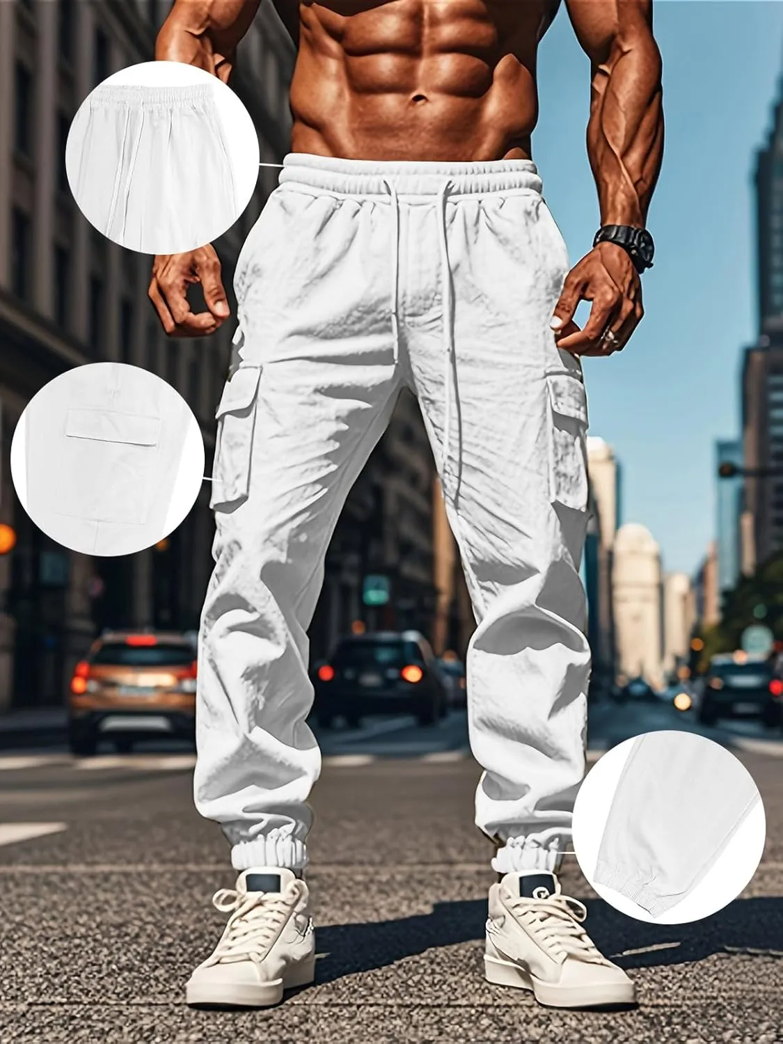 Mens Cotton Cargo Pants Casual Drawstring Pants Stretch Elastic Waist Lightweight Work Pants Multi Pockets
