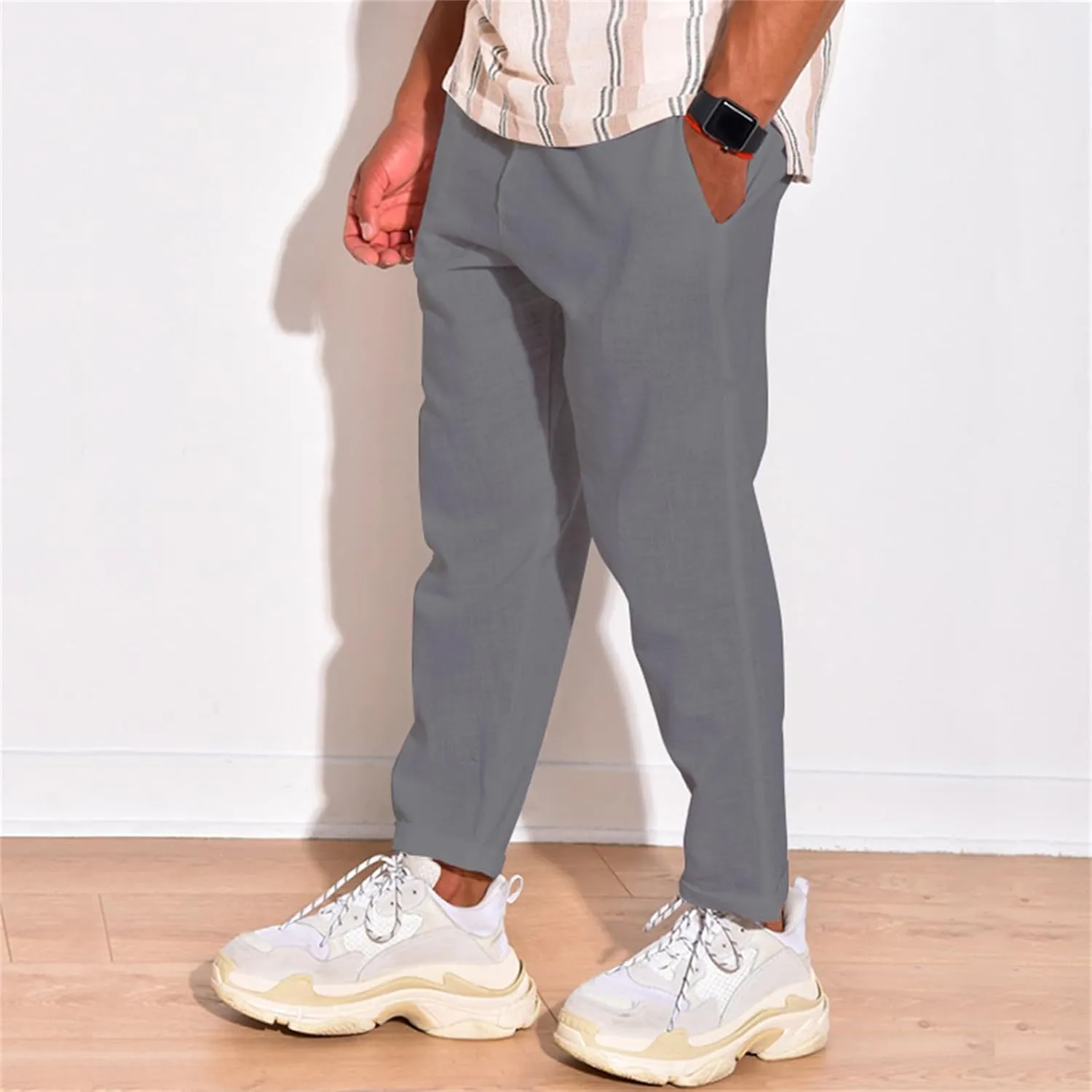 Mens Cotton Linen Drawstring Pants Multi-Pocket Elastic Waist Casual Jogger Yoga Trousers