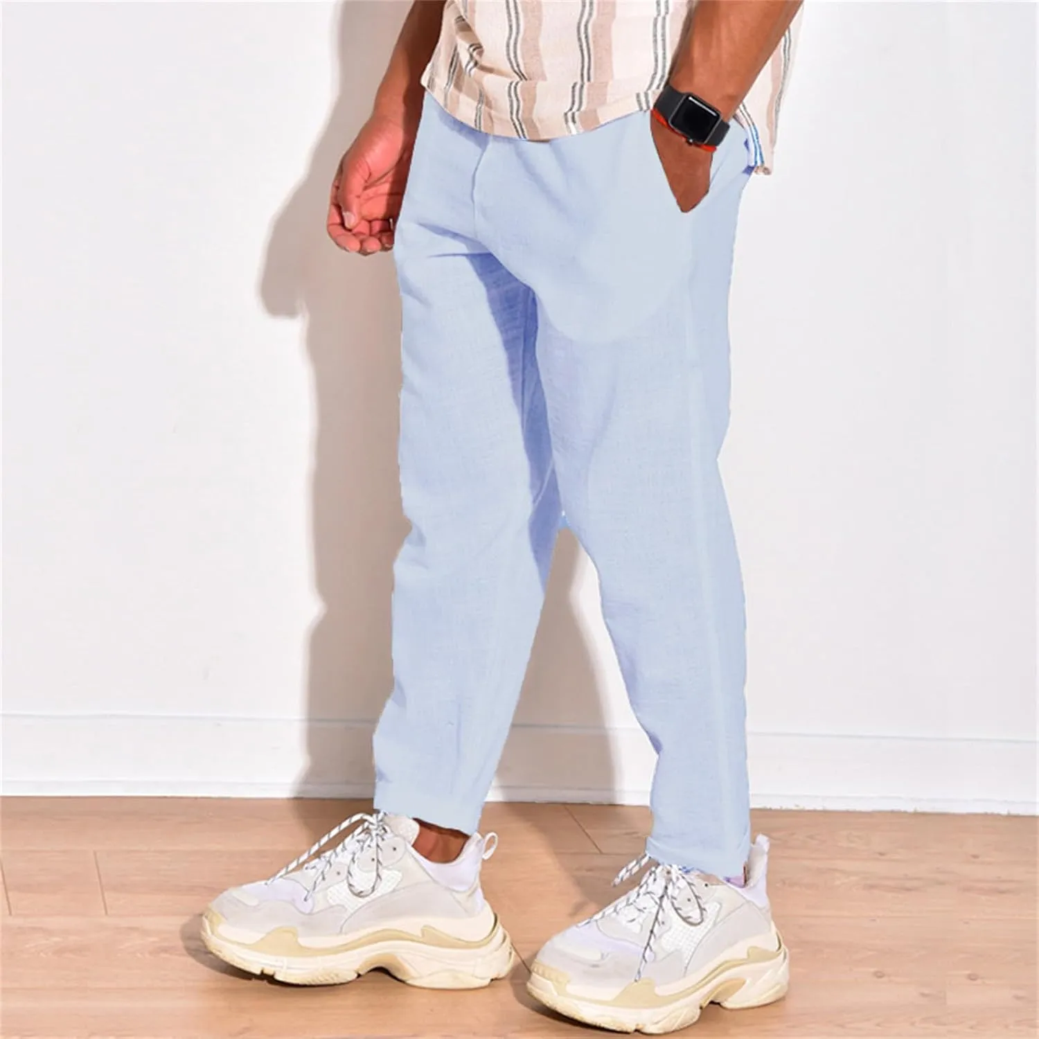 Mens Cotton Linen Drawstring Pants Multi-Pocket Elastic Waist Casual Jogger Yoga Trousers