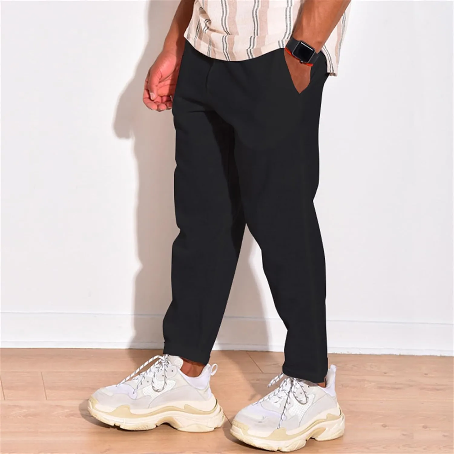 Mens Cotton Linen Drawstring Pants Multi-Pocket Elastic Waist Casual Jogger Yoga Trousers