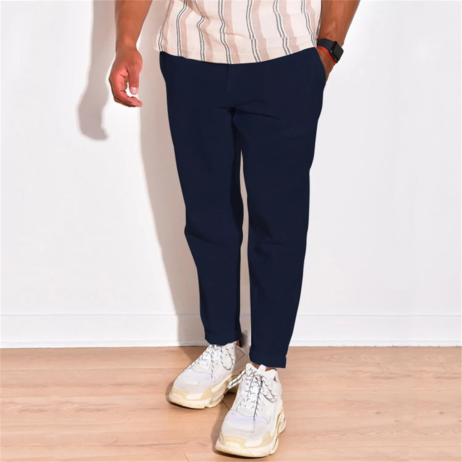 Mens Cotton Linen Drawstring Pants Multi-Pocket Elastic Waist Casual Jogger Yoga Trousers