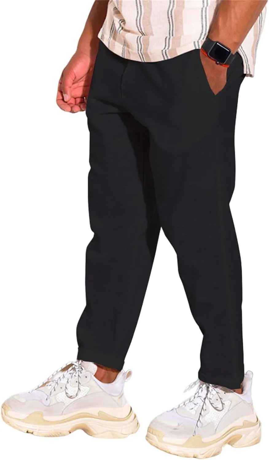 Mens Cotton Linen Drawstring Pants Multi-Pocket Elastic Waist Casual Jogger Yoga Trousers