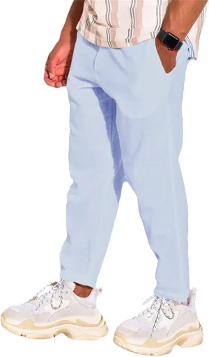 Mens Cotton Linen Drawstring Pants Multi-Pocket Elastic Waist Casual Jogger Yoga Trousers