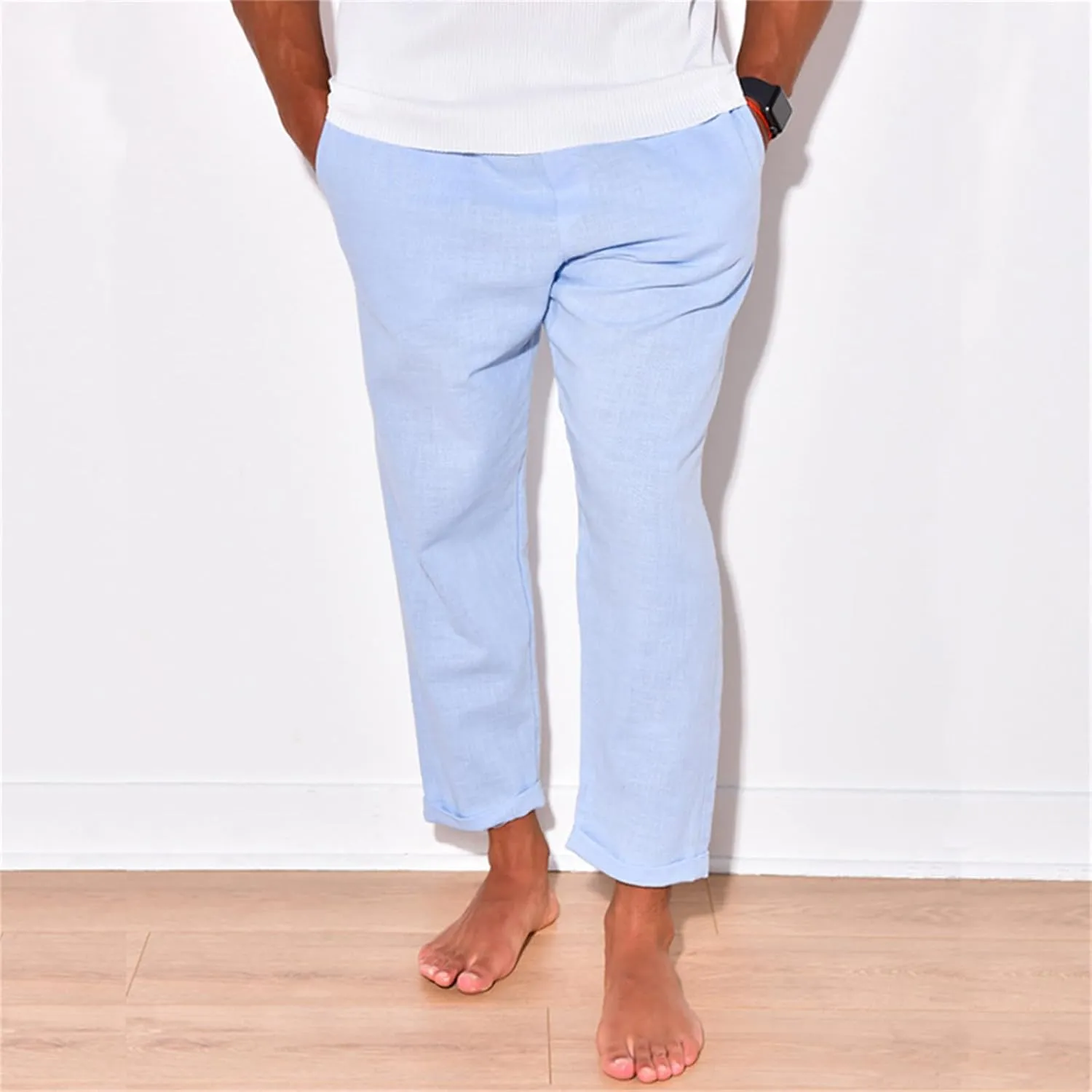 Mens Cotton Linen Drawstring Pants Multi-Pocket Elastic Waist Casual Jogger Yoga Trousers