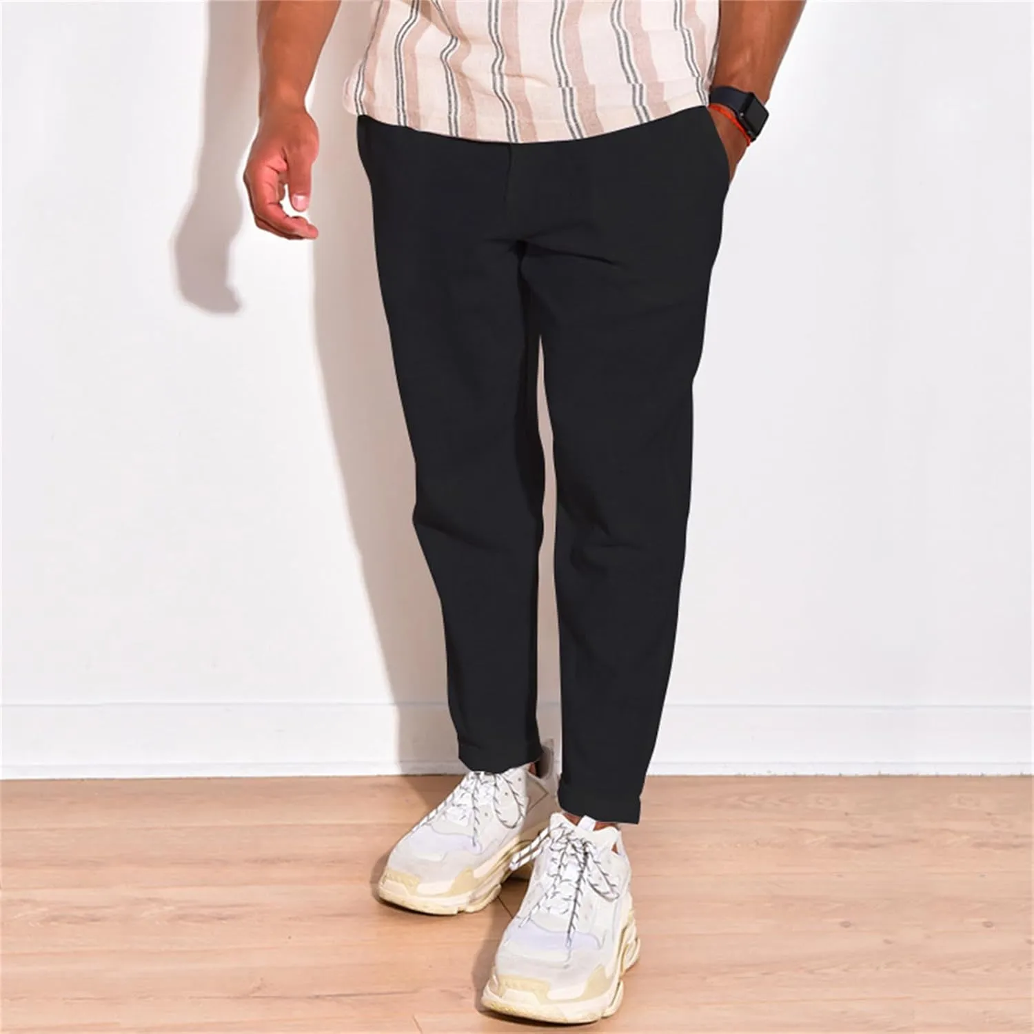 Mens Cotton Linen Drawstring Pants Multi-Pocket Elastic Waist Casual Jogger Yoga Trousers