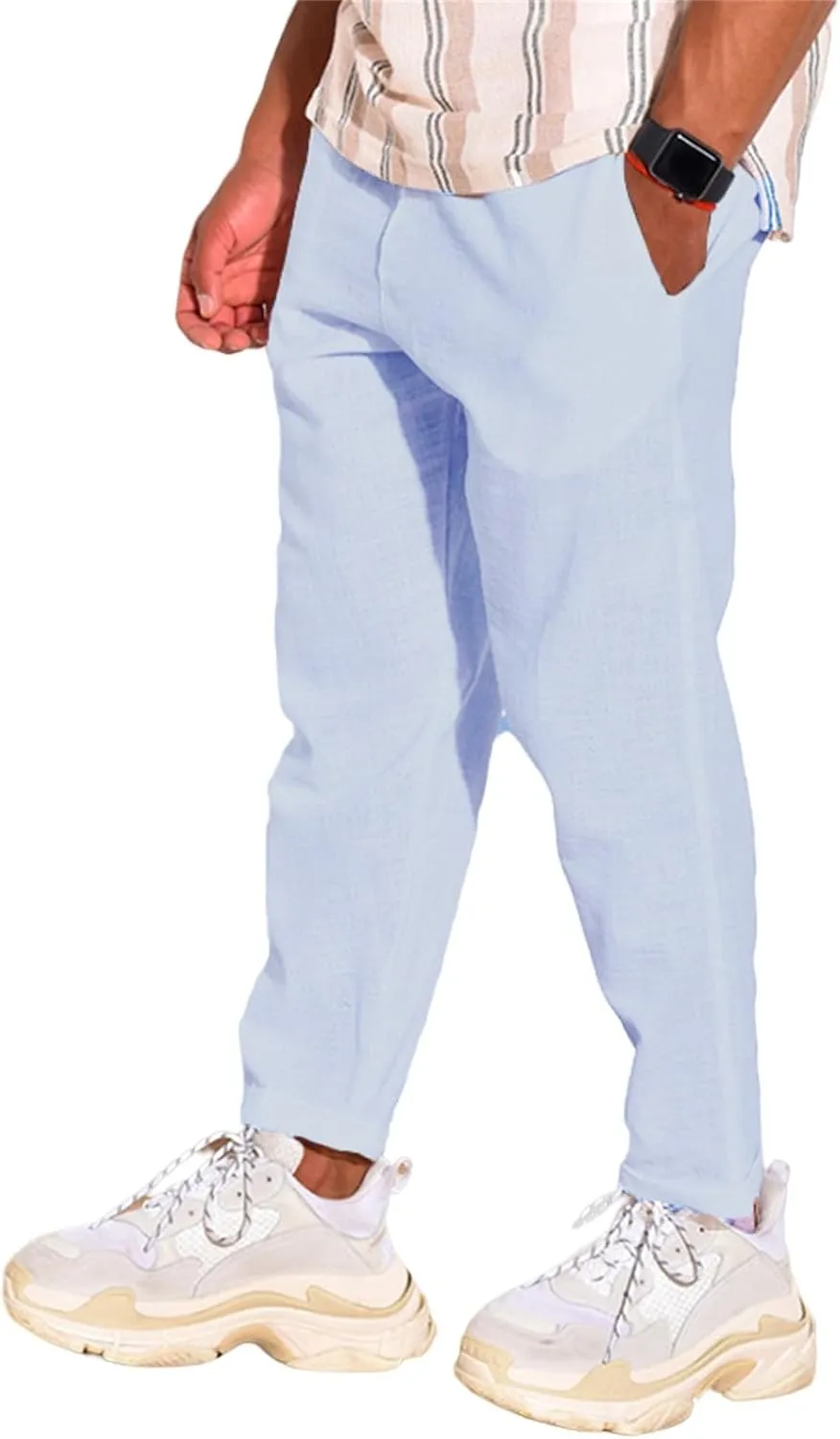 Mens Cotton Linen Drawstring Pants Multi-Pocket Elastic Waist Casual Jogger Yoga Trousers