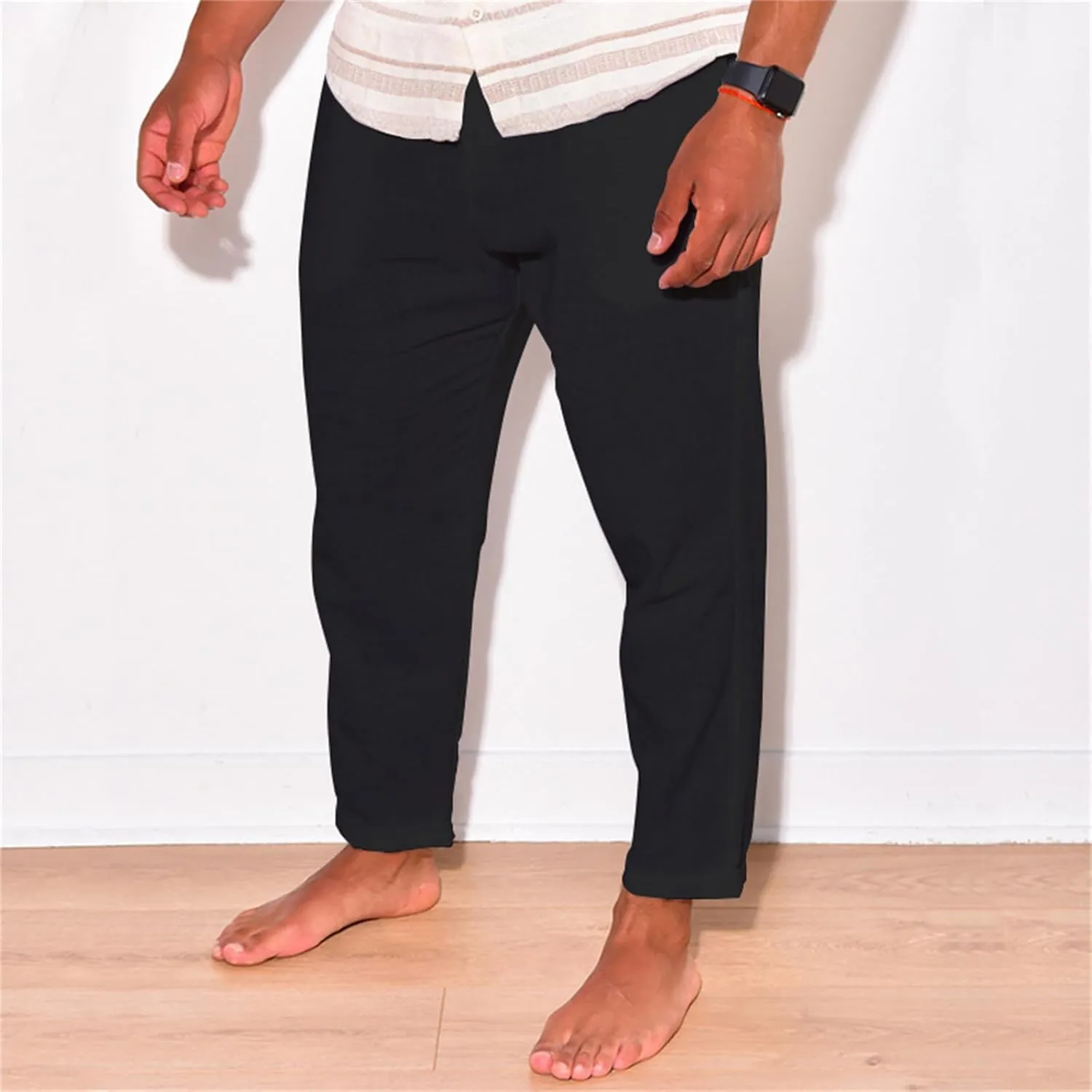 Mens Cotton Linen Drawstring Pants Multi-Pocket Elastic Waist Casual Jogger Yoga Trousers