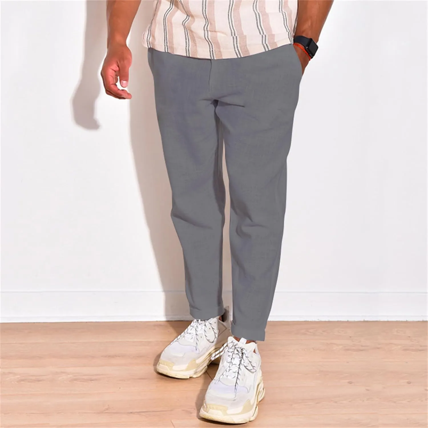Mens Cotton Linen Drawstring Pants Multi-Pocket Elastic Waist Casual Jogger Yoga Trousers
