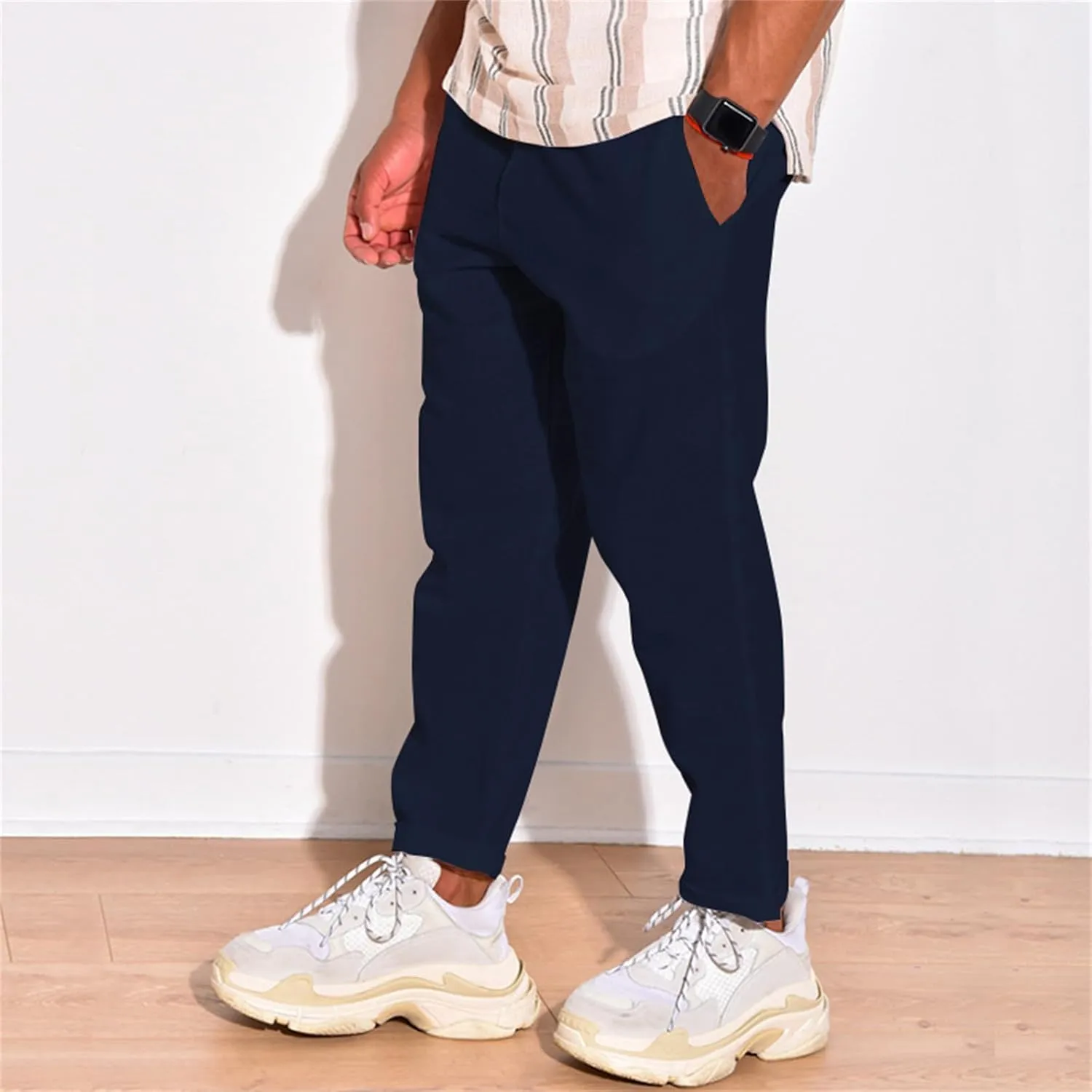 Mens Cotton Linen Drawstring Pants Multi-Pocket Elastic Waist Casual Jogger Yoga Trousers