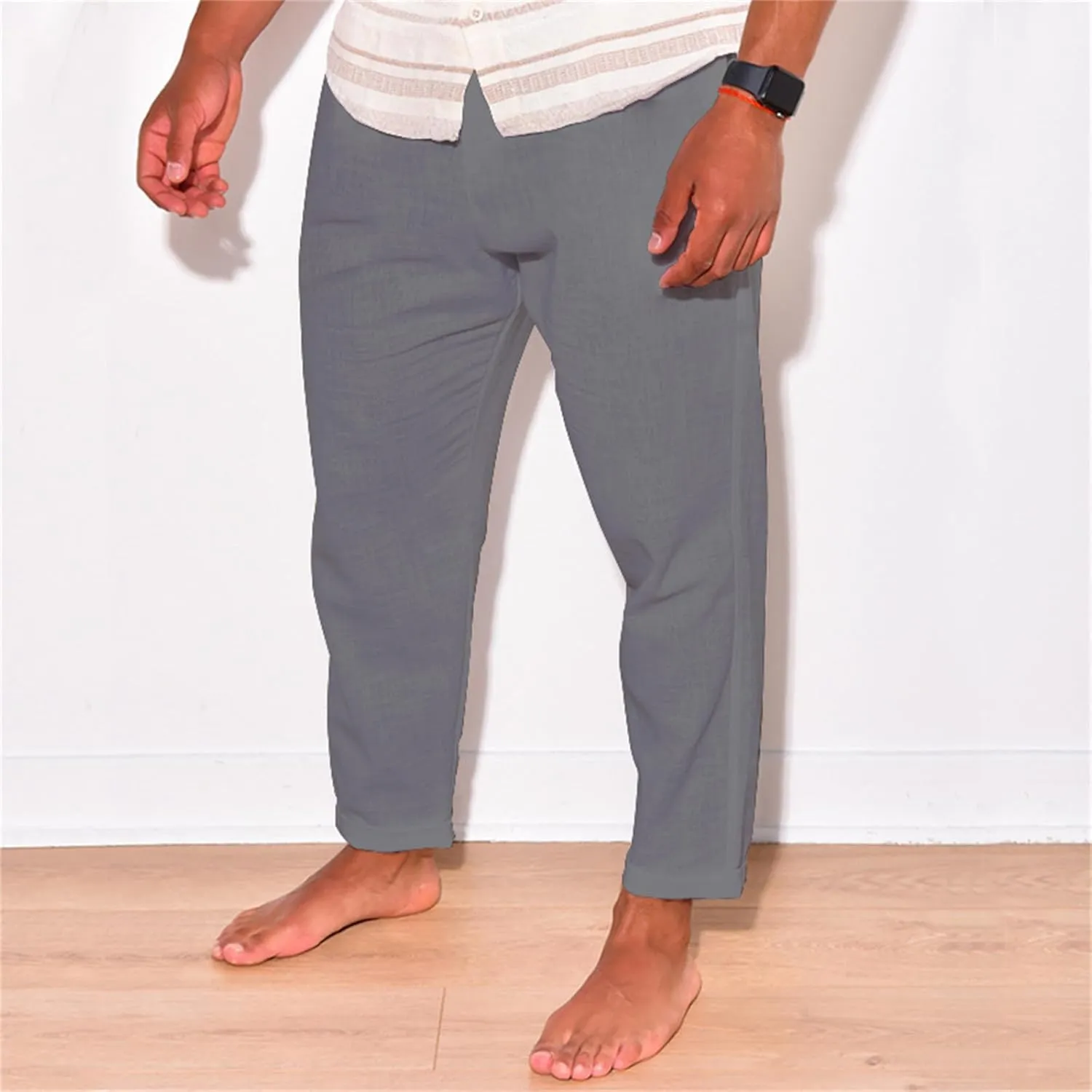 Mens Cotton Linen Drawstring Pants Multi-Pocket Elastic Waist Casual Jogger Yoga Trousers