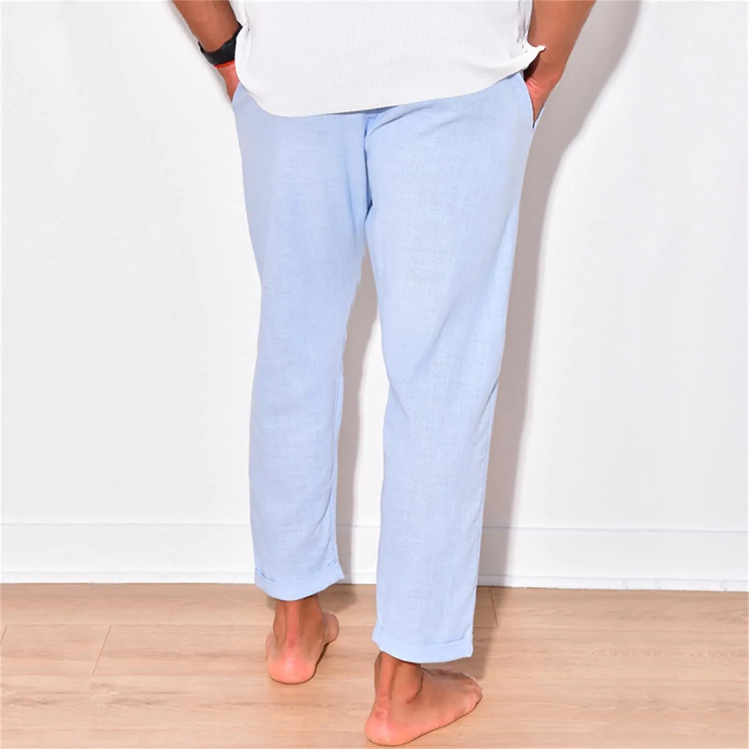 Mens Cotton Linen Drawstring Pants Multi-Pocket Elastic Waist Casual Jogger Yoga Trousers
