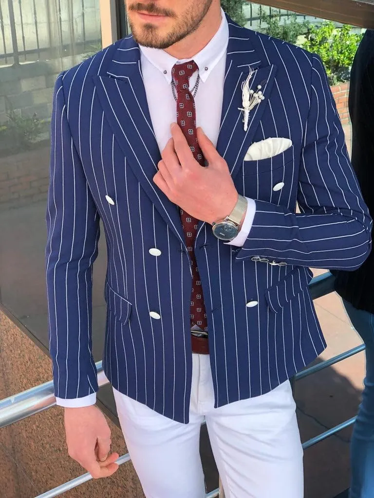 Mens Double Breasted Pinstripe Jacket Casual Classic Fit Stripe Coat Jackets Slim Fit Blazer for Men Business Wedding