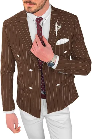 Mens Double Breasted Pinstripe Jacket Casual Classic Fit Stripe Coat Jackets Slim Fit Blazer for Men Business Wedding