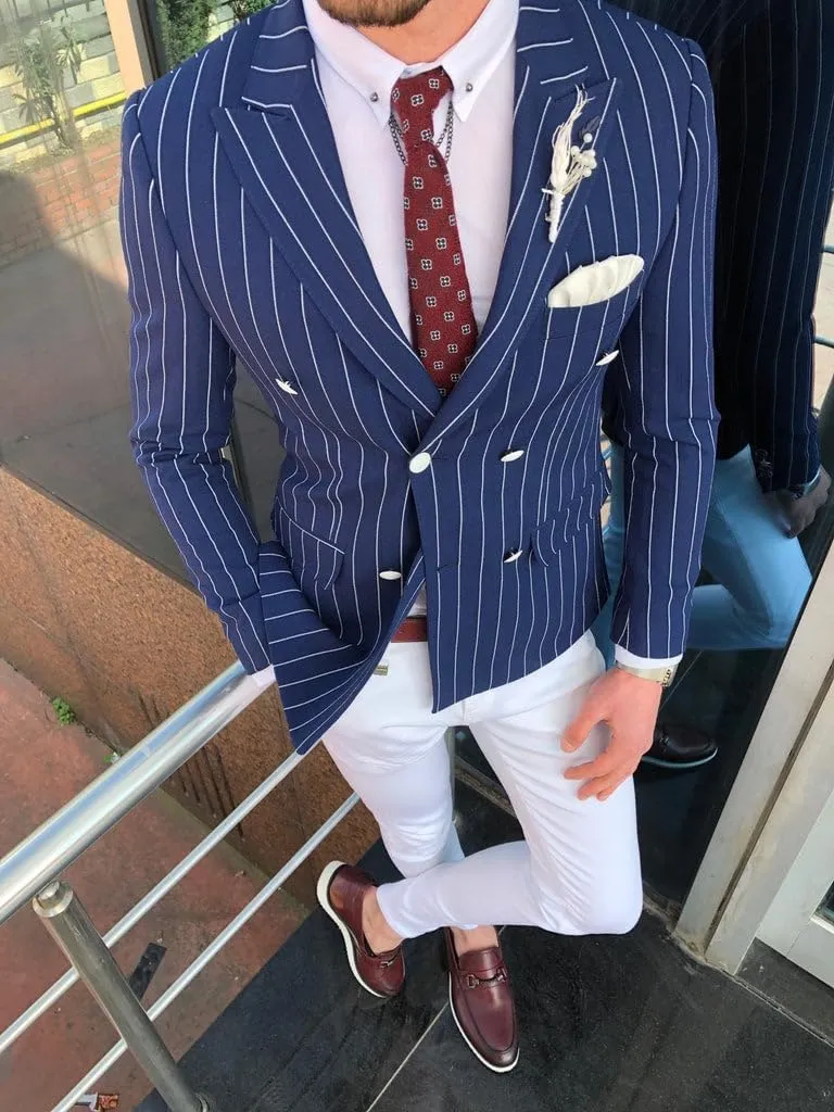 Mens Double Breasted Pinstripe Jacket Casual Classic Fit Stripe Coat Jackets Slim Fit Blazer for Men Business Wedding