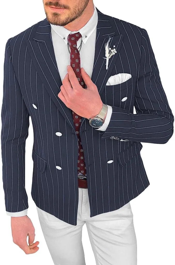 Mens Double Breasted Pinstripe Jacket Casual Classic Fit Stripe Coat Jackets Slim Fit Blazer for Men Business Wedding