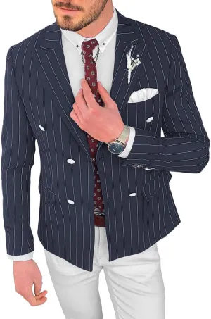 Mens Double Breasted Pinstripe Jacket Casual Classic Fit Stripe Coat Jackets Slim Fit Blazer for Men Business Wedding