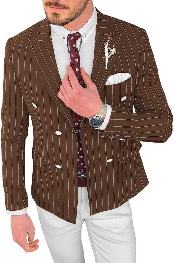 Mens Double Breasted Pinstripe Jacket Casual Classic Fit Stripe Coat Jackets Slim Fit Blazer for Men Business Wedding