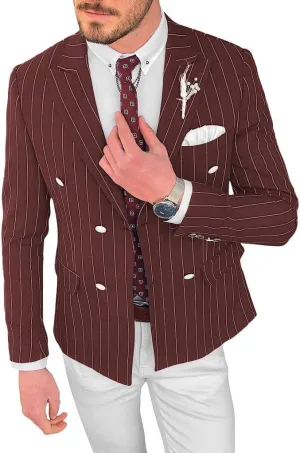 Mens Double Breasted Pinstripe Jacket Casual Classic Fit Stripe Coat Jackets Slim Fit Blazer for Men Business Wedding