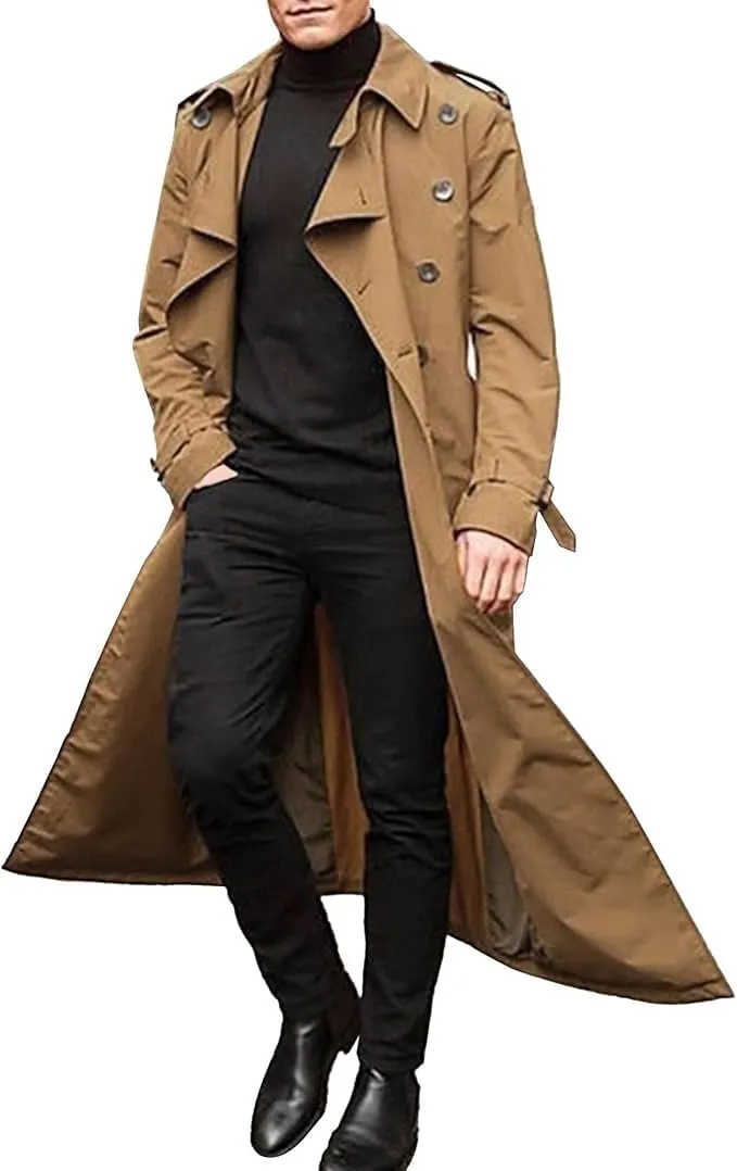 Men's Double Breasted Trench Coat Casual Slim Fit Long Jacket Lightweight Windproof Overcoat Windbreaker