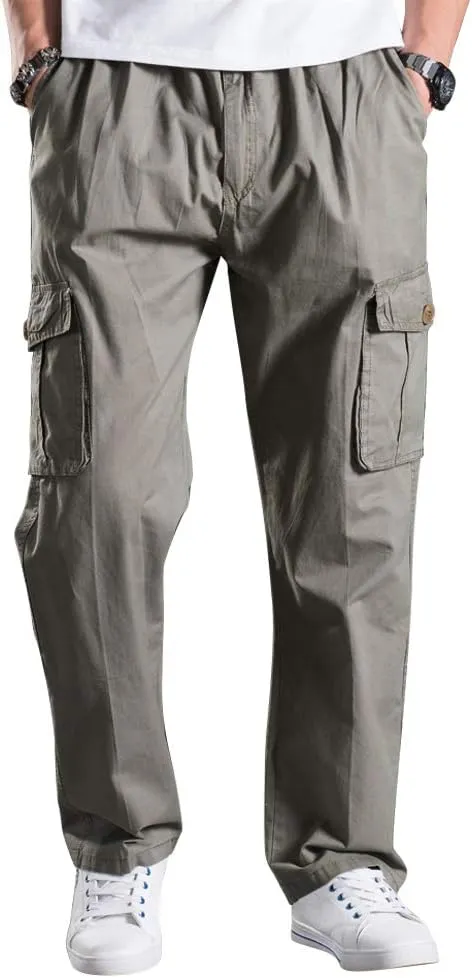 Men's Elastic Waist Cargo Pants,Casual Loose Fit Lightweight Workwear Pull On Pants