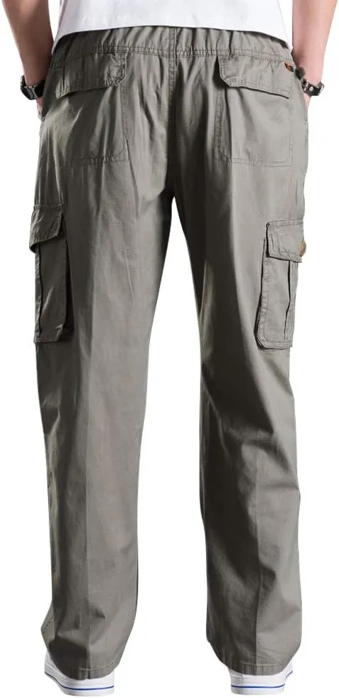 Men's Elastic Waist Cargo Pants,Casual Loose Fit Lightweight Workwear Pull On Pants