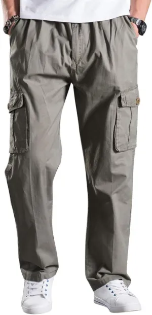 Men's Elastic Waist Cargo Pants,Casual Loose Fit Lightweight Workwear Pull On Pants