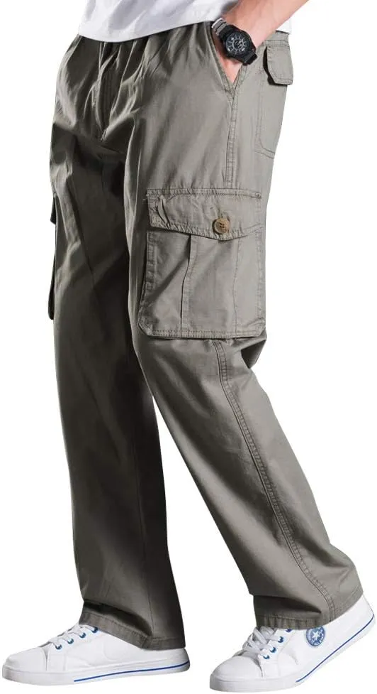 Men's Elastic Waist Cargo Pants,Casual Loose Fit Lightweight Workwear Pull On Pants