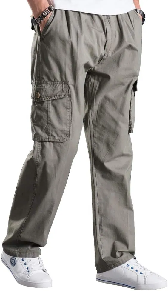 Men's Elastic Waist Cargo Pants,Casual Loose Fit Lightweight Workwear Pull On Pants
