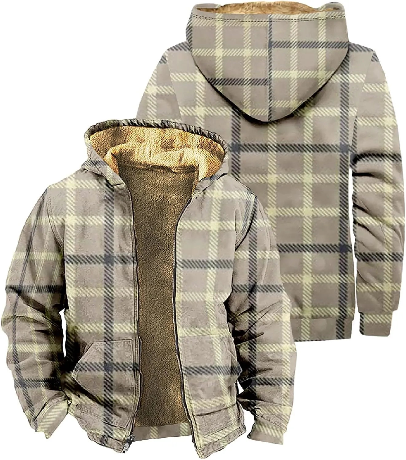 Men's Fleece Heavyweight Full Zip Men's Winter Wool Short Jacket Work Daily Outwear Casual Jacket Plaid Button Up