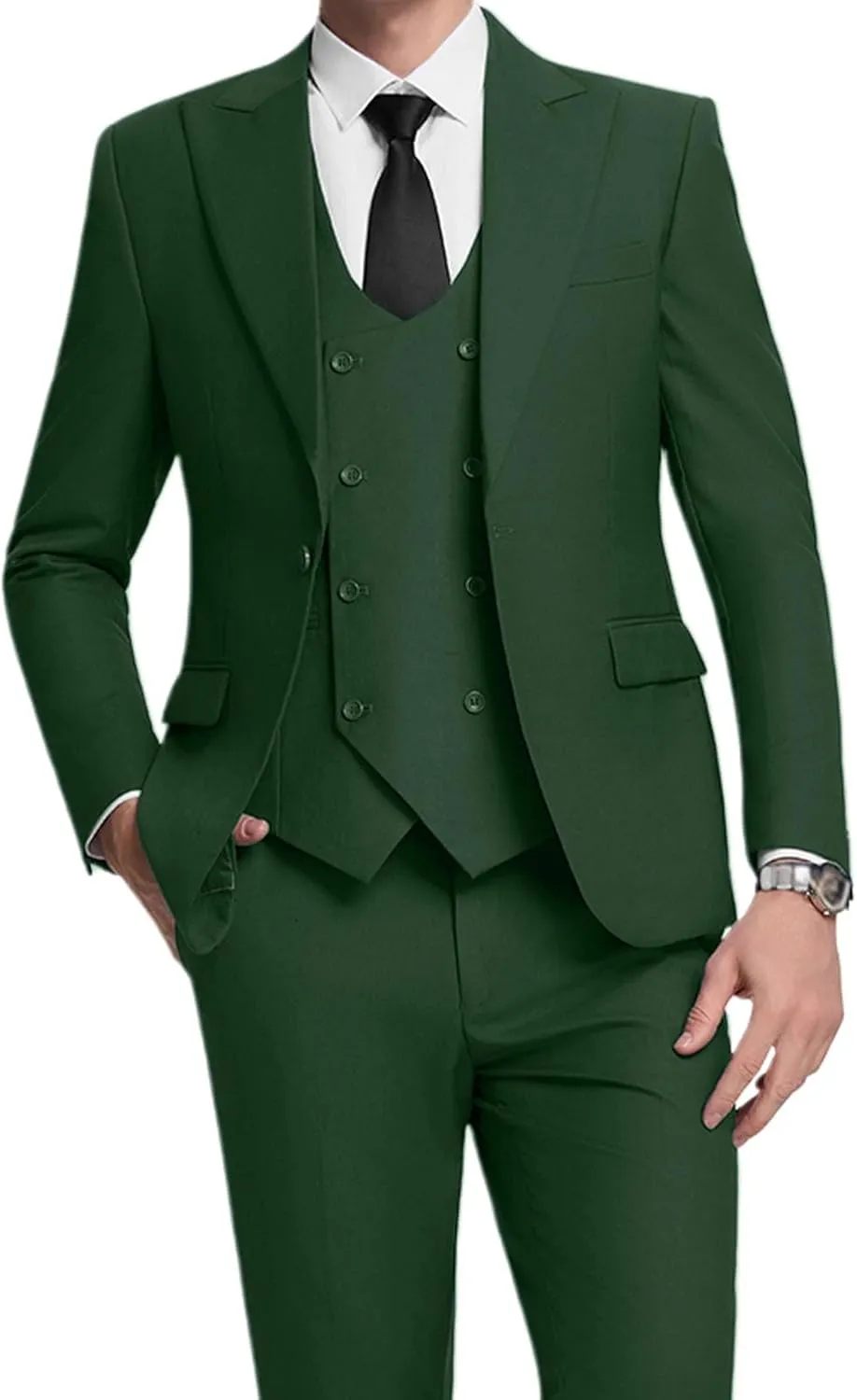Men's Green Classic Fit 3-Piece Suit Set: Double Breasted Tuxedo for Wedding, Prom, Business