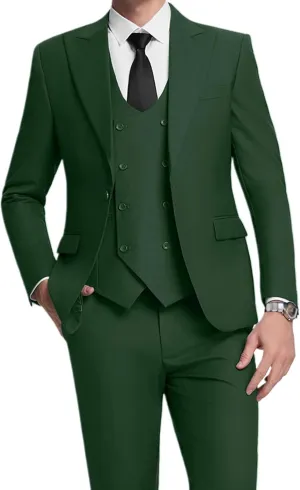 Men's Green Classic Fit 3-Piece Suit Set: Double Breasted Tuxedo for Wedding, Prom, Business