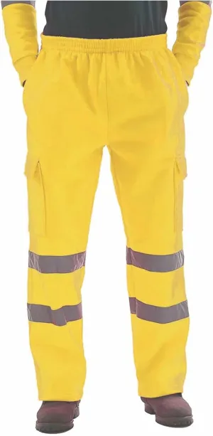 Mens High Visibility Work Cargo Pants Drawstring Casual Pockets Safe Reflective Construction Elastic Waist Trousers