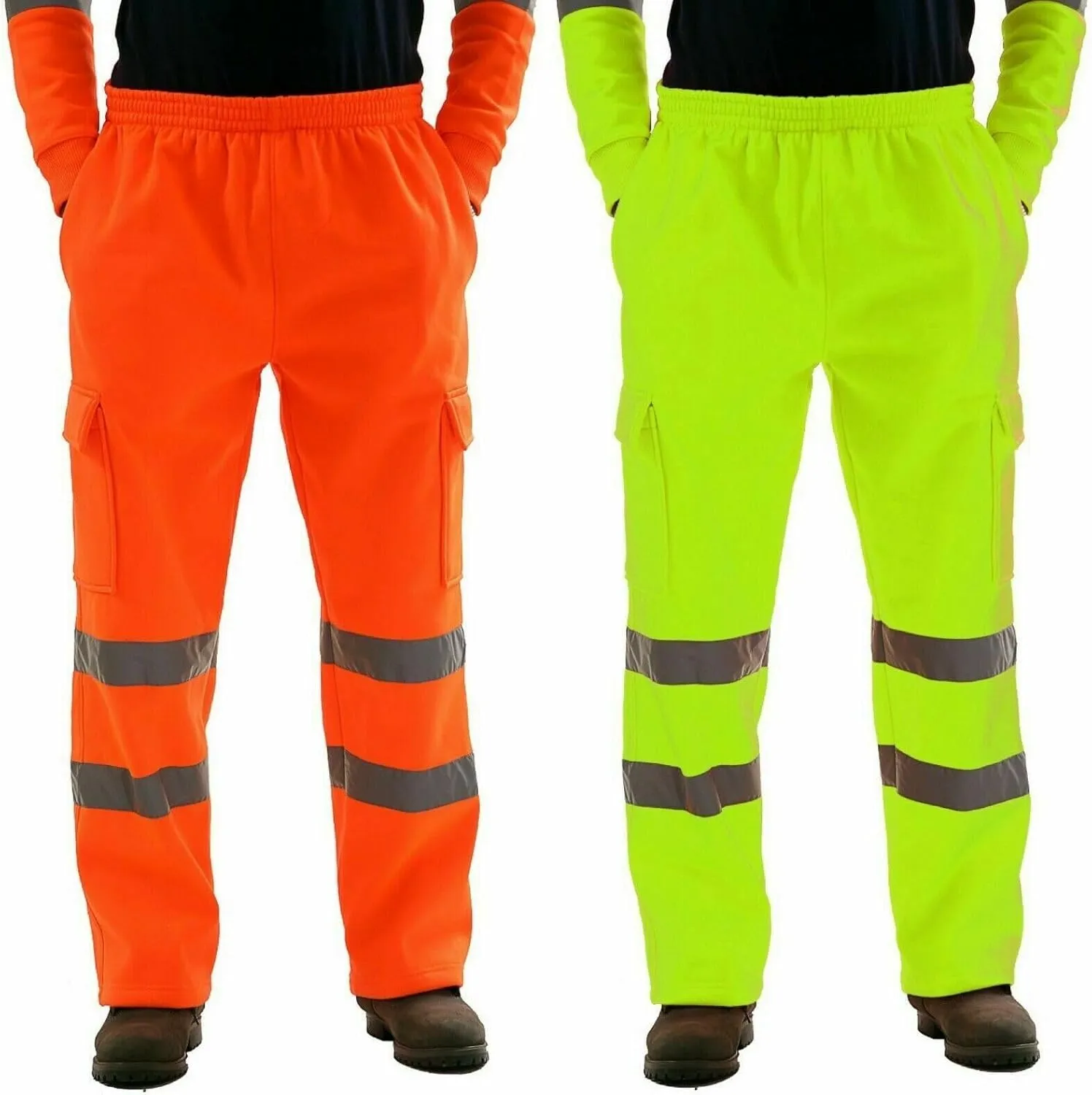 Mens High Visibility Work Cargo Pants Drawstring Casual Pockets Safe Reflective Construction Elastic Waist Trousers