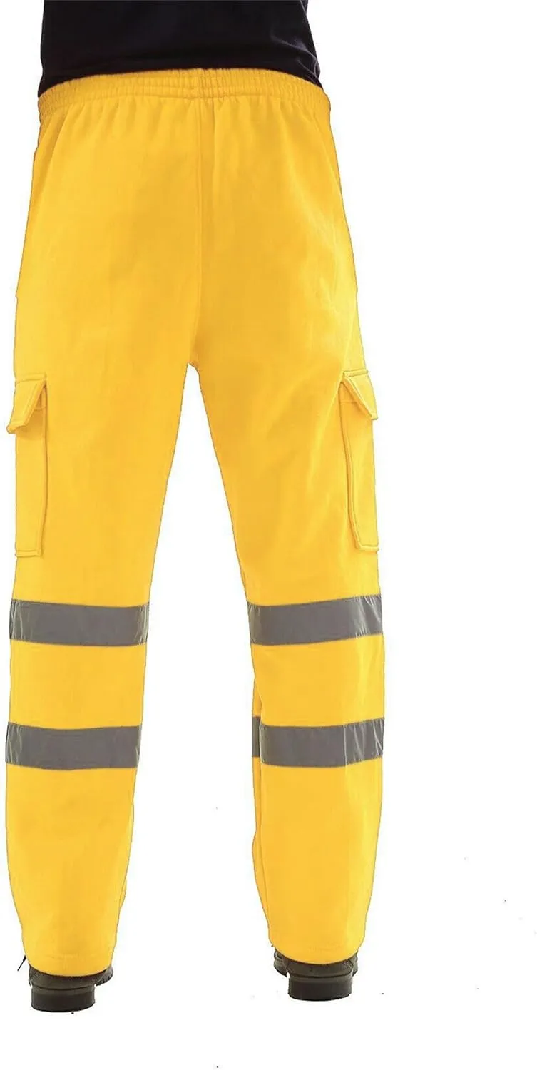Mens High Visibility Work Cargo Pants Drawstring Casual Pockets Safe Reflective Construction Elastic Waist Trousers