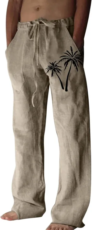 Mens Linen Drawstring Pants Elastic Waist Lightweight Trouser Casual Yoga Summer Beach Pant