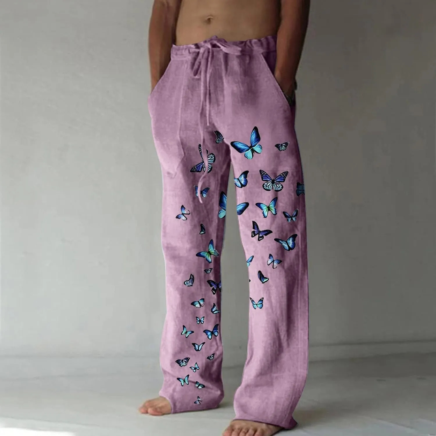 Mens Linen Drawstring Pants Elastic Waist Lightweight Trouser Casual Yoga Summer Beach Pant