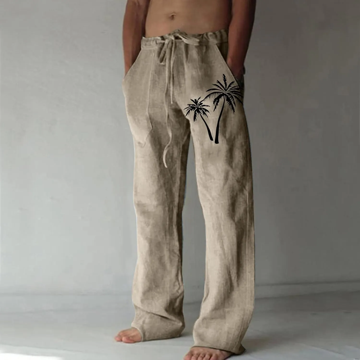 Mens Linen Drawstring Pants Elastic Waist Lightweight Trouser Casual Yoga Summer Beach Pant
