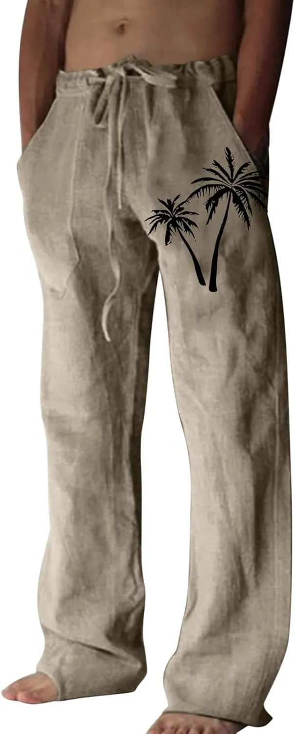 Mens Linen Drawstring Pants Elastic Waist Lightweight Trouser Casual Yoga Summer Beach Pant