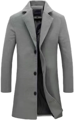 Mens Overcoat Wool Blend Jackets Pea Coat Notched Collar Single Breasted Warm Work Business Winter Long Rench Coat
