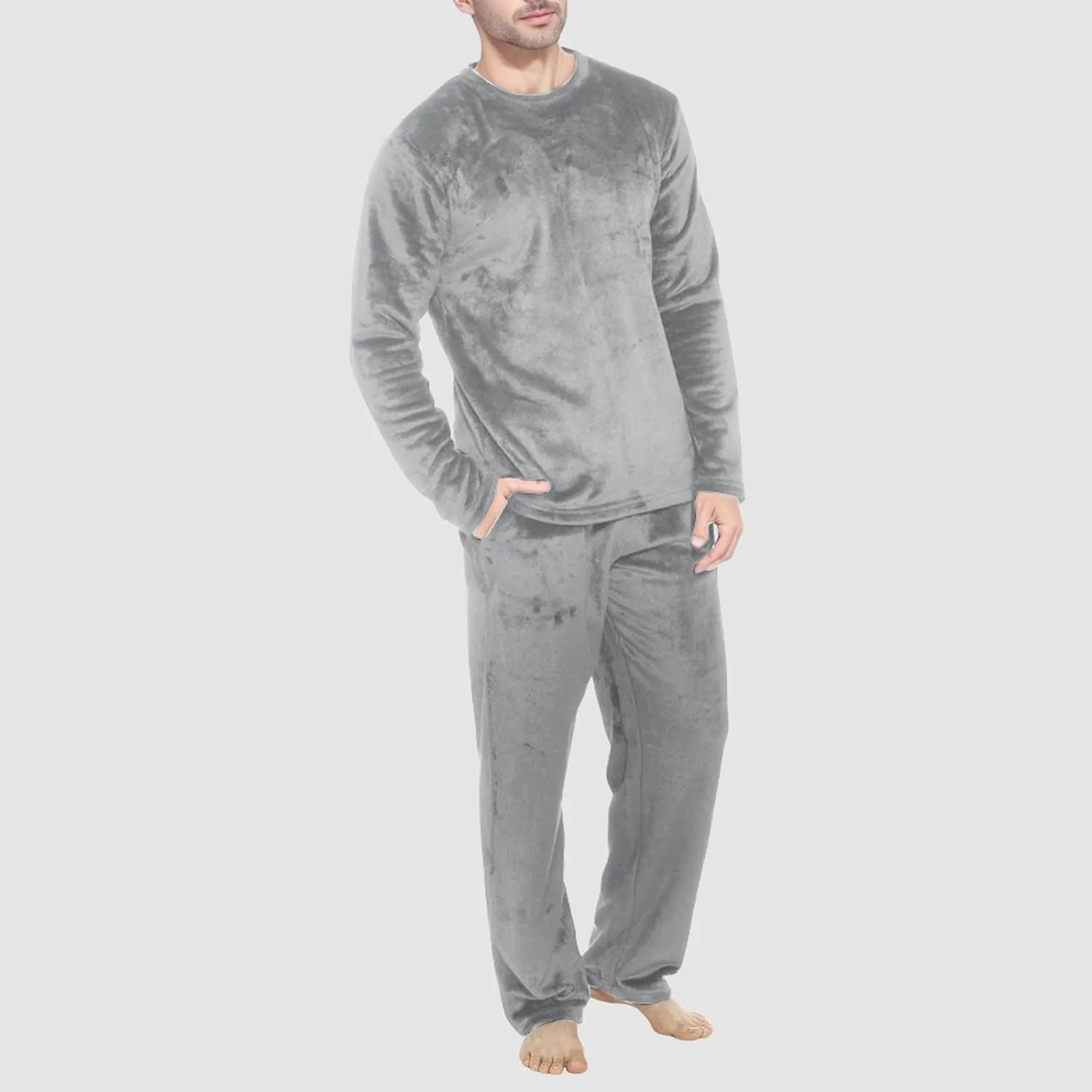 Mens Pajamas Set 2Pc Flannel Pajamas for Men Velvet Fleece Lounge Pants Long Sleeve Sleepwear Soft Pjs Sleepwear