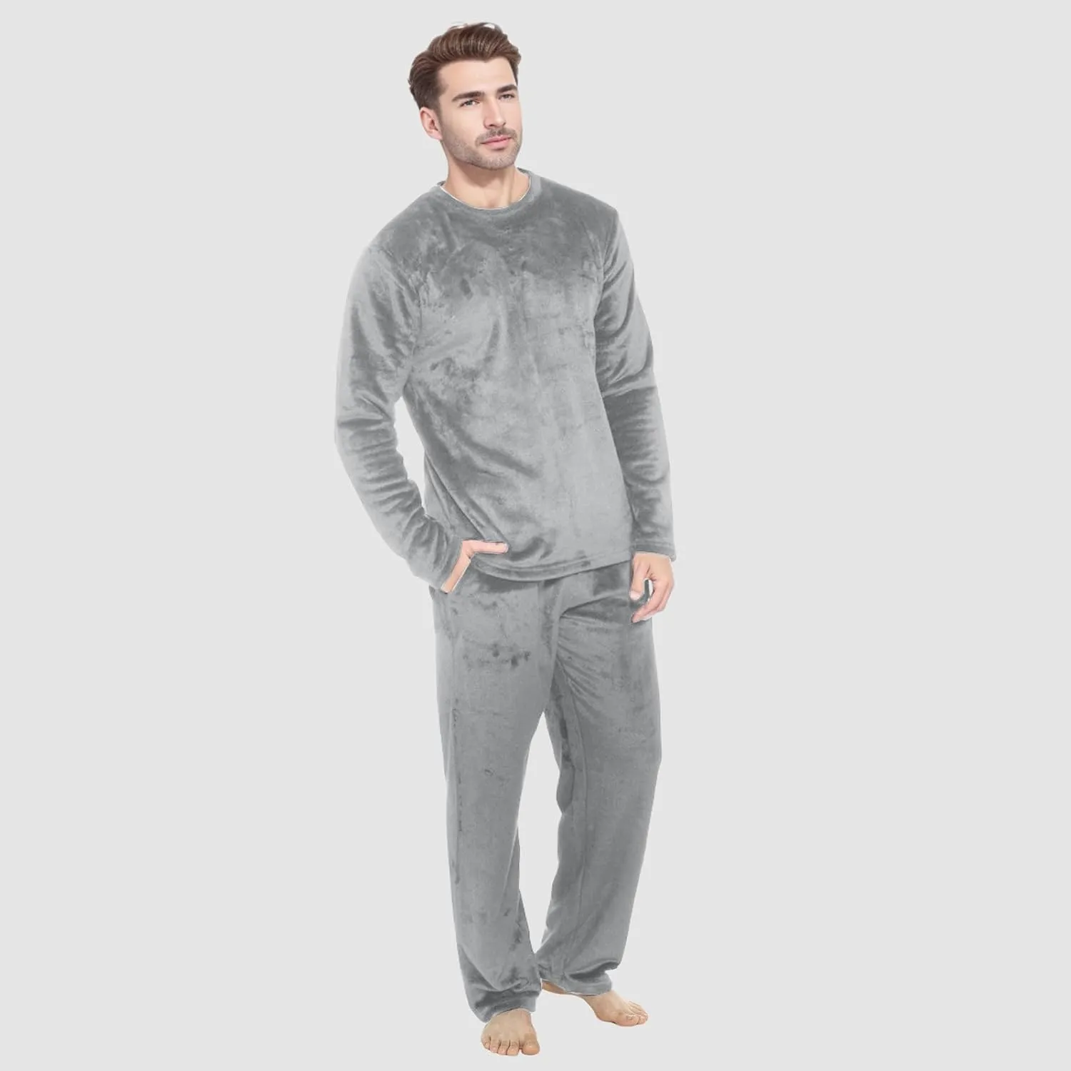 Mens Pajamas Set 2Pc Flannel Pajamas for Men Velvet Fleece Lounge Pants Long Sleeve Sleepwear Soft Pjs Sleepwear