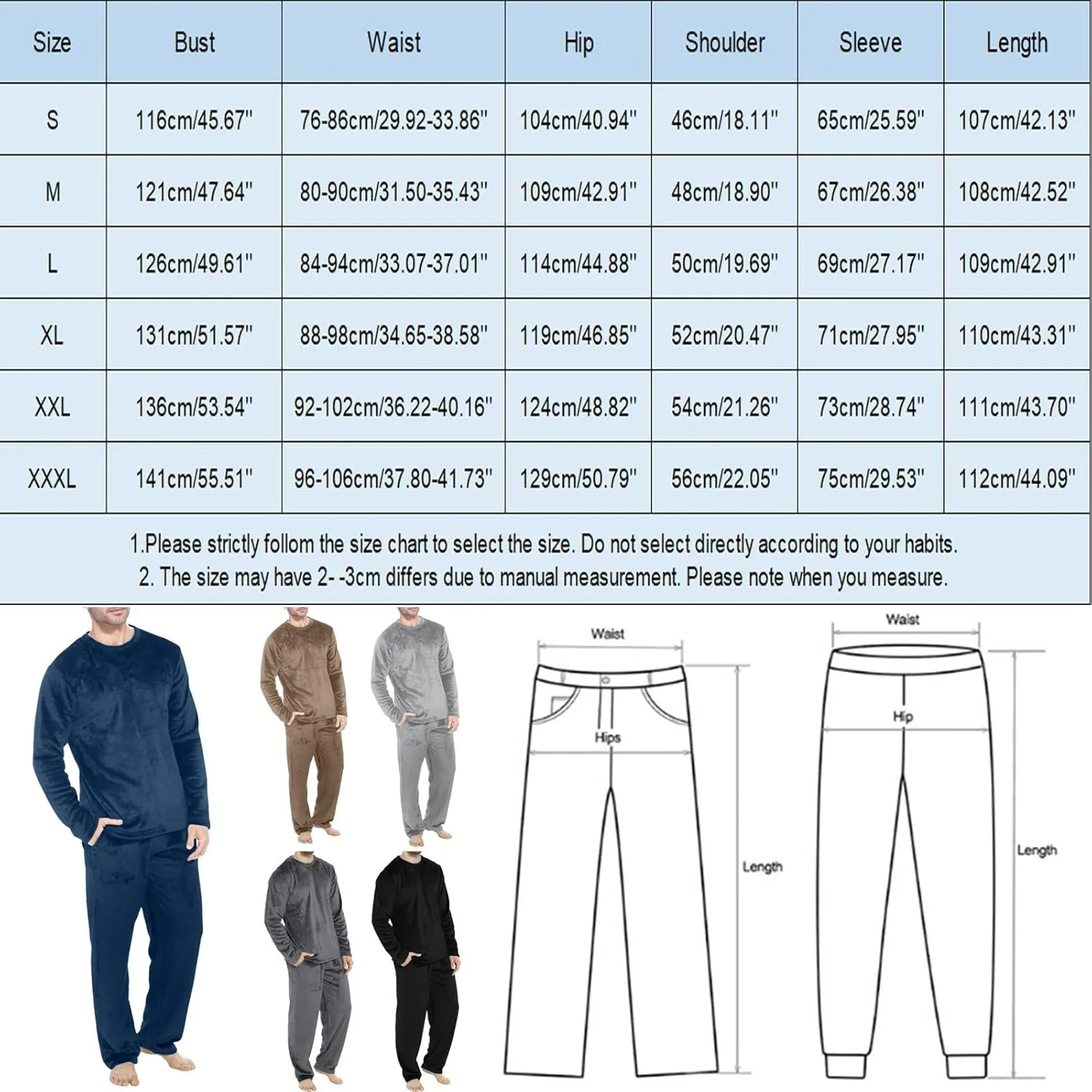 Mens Pajamas Set 2Pc Flannel Pajamas for Men Velvet Fleece Lounge Pants Long Sleeve Sleepwear Soft Pjs Sleepwear